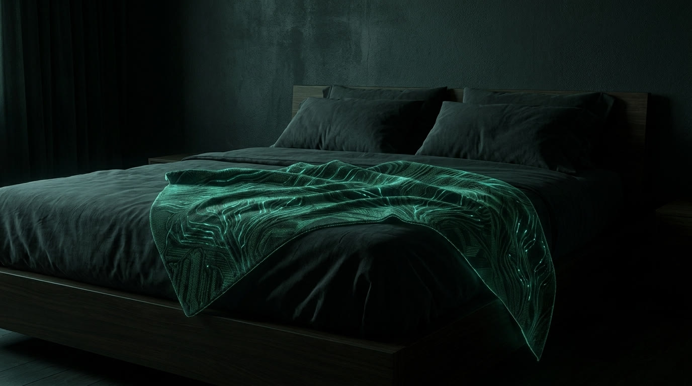 The Bisomna blanket glowing softly on a bed in a dark bedroom