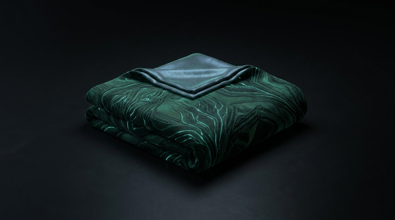 The Bisomna blanket neatly folded, its teal veins glowing faintly